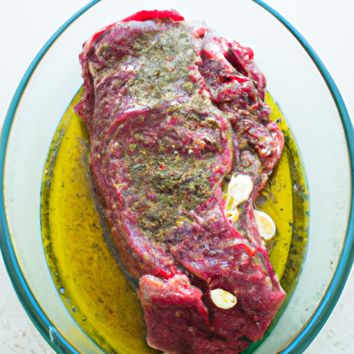 A raw steak marinating in a mixture of olive oil, garlic, and herbs for added flavor