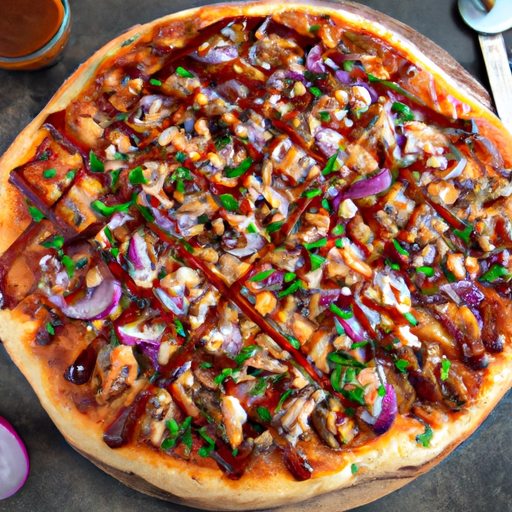 A savory BBQ chicken pizza with tender chicken, red onions, and cilantro drizzled with barbecue sauce